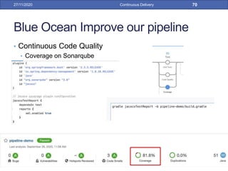 Blue Ocean Improve our pipeline
• Continuous Code Quality
• Coverage on Sonarqube
27/11/2020 Continuous Delivery 70
 