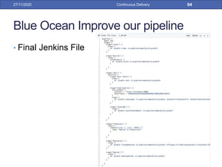 Blue Ocean Improve our pipeline
• Final Jenkins File
27/11/2020 Continuous Delivery 94
 