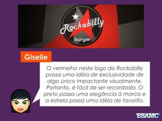 Giselle 
O vermelho neste logo do Rockabilly 
passa uma idéia de exclusividade de 
algo único impactante visualmente. 
Portanto, é fácil de ser recordada. O 
preto passa uma elegância à marca e 
a estrela passa uma idéia de favorito. 
 