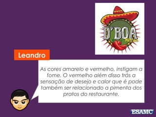 As cores amarelo e vermelho, instigam a 
fome. O vermelho além disso trás a 
sensação de desejo e calor que é pode 
também ser relacionado a pimenta dos 
pratos do restaurante. 
Leandro 
 