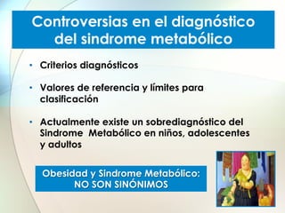 Controversias en el diagnóstico
del sindrome metabólico
•  Criterios diagnósticos
•  Valores de referencia y límites para
clasificación
•  Actualmente existe un sobrediagnóstico del
Sindrome Metabólico en niños, adolescentes
y adultos
Obesidad y Sindrome Metabólico:
NO SON SINÓNIMOS

 