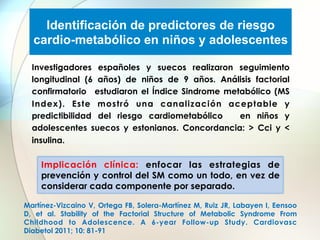 Identificación de predictores de riesgo
cardio-metabólico en niños y adolescentes
Investigadores españoles y suecos realizaron seguimiento
longitudinal (6 años) de niños de 9 años. Análisis factorial
confirmatorio estudiaron el Índice Sindrome metabólico (MS
Index). Este mostró una canalización aceptable y
predictibilidad del riesgo cardiometabólico
en niños y
adolescentes suecos y estonianos. Concordancia: > Cci y <
insulina.

Implicación clínica: enfocar las estrategias de
prevención y control del SM como un todo, en vez de
considerar cada componente por separado. 	
  
Martínez-Vizcaino V, Ortega FB, Solera-Martínez M, Ruiz JR, Labayen I, Eensoo
D, et al. Stability of the Factorial Structure of Metabolic Syndrome From
Childhood to Adolescence. A 6-year Follow-up Study. Cardiovasc
Diabetol 2011; 10: 81-91

 
