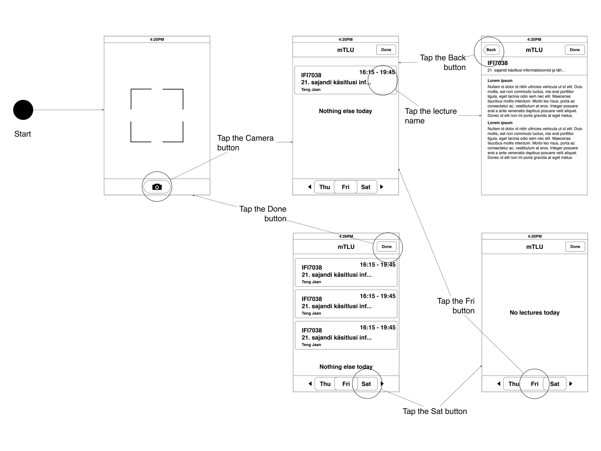 4:20PM                                      4:20PM                                                                 4:20PM

                                                    mTLU           Done                            Back                   mTLU                        Done

                                                                                Tap the Back
                                                                                                   IFI7038
                                                                                      button       21. sajandi käsitlusi informatsioonist ja täh...
                                                            16:15 - 19:45
                                      IFI7038
                                                                                                   Lorem ipsum
                                      21. sajandi käsitlusi inf...
                                                                                                   Nullam id dolor id nibh ultricies vehicula ut id elit. Duis
                                      Teng Jaan
                                                                                                   mollis, est non commodo luctus, nisi erat porttitor
                                                                                                   ligula, eget lacinia odio sem nec elit. Maecenas
                                                                                                   faucibus mollis interdum. Morbi leo risus, porta ac
                                                                                                   consectetur ac, vestibulum at eros. Integer posuere
                                              Nothing else today            Tap the lecture        erat a ante venenatis dapibus posuere velit aliquet.
                                                                                                   Donec id elit non mi porta gravida at eget metus.
                                                                            name                   Lorem ipsum
                                                                                                   Nullam id dolor id nibh ultricies vehicula ut id elit. Duis
Start                                                                                              mollis, est non commodo luctus, nisi erat porttitor
                 Tap the Camera                                                                    ligula, eget lacinia odio sem nec elit. Maecenas
                                                                                                   faucibus mollis interdum. Morbi leo risus, porta ac
                 button                                                                            consectetur ac, vestibulum at eros. Integer posuere
                                                                                                   erat a ante venenatis dapibus posuere velit aliquet.
                                                                                                   Donec id elit non mi porta gravida at eget metus.




                                              Thu    Fri     Sat


                      Tap the Done
                             button

                                                    4:20PM                                                                  4:20PM

                                                    mTLU            Done                                                   mTLU                       Done




                                      IFI7038               16:15 - 19:45
                                      21. sajandi käsitlusi inf...
                                      Teng Jaan



                                      IFI7038               16:15 - 19:45
                                                                                     Tap the Fri
                                      21. sajandi käsitlusi inf...
                                      Teng Jaan                                          button                 No lectures today

                                                            16:15 - 19:45
                                      IFI7038
                                      21. sajandi käsitlusi inf...
                                      Teng Jaan




                                              Nothing else today

                                              Thu    Fri     Sat                                                Thu           Fri        Sat



                                                                            Tap the Sat button
 