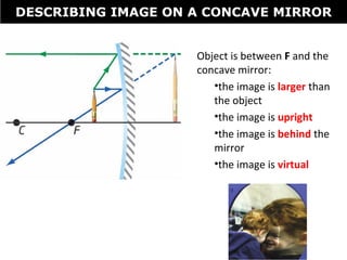 Object is between F and the
concave mirror:
•the image is larger than
the object
•the image is upright
•the image is behind the
mirror
•the image is virtual
DESCRIBING IMAGE ON A CONCAVE MIRROR
 