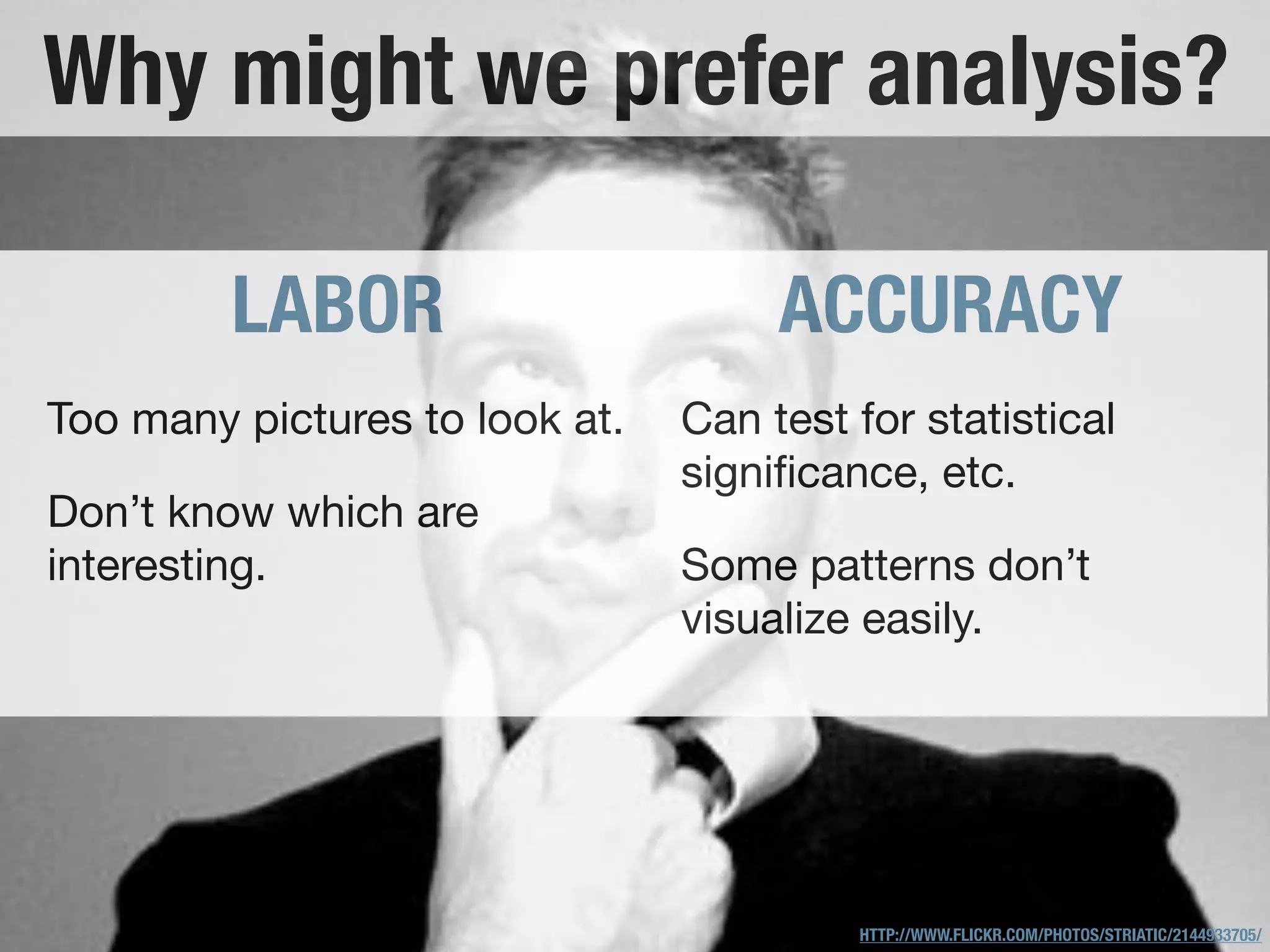 Why might we prefer analysis?

         LABOR                       ACCURACY
Too many pictures to look at.   Can test for statistical
                                signiﬁcance, etc.
Don’t know which are
interesting.                    Some patterns don’t
                                visualize easily.




                                         HTTP://WWW.FLICKR.COM/PHOTOS/STRIATIC/2144933705/
 
