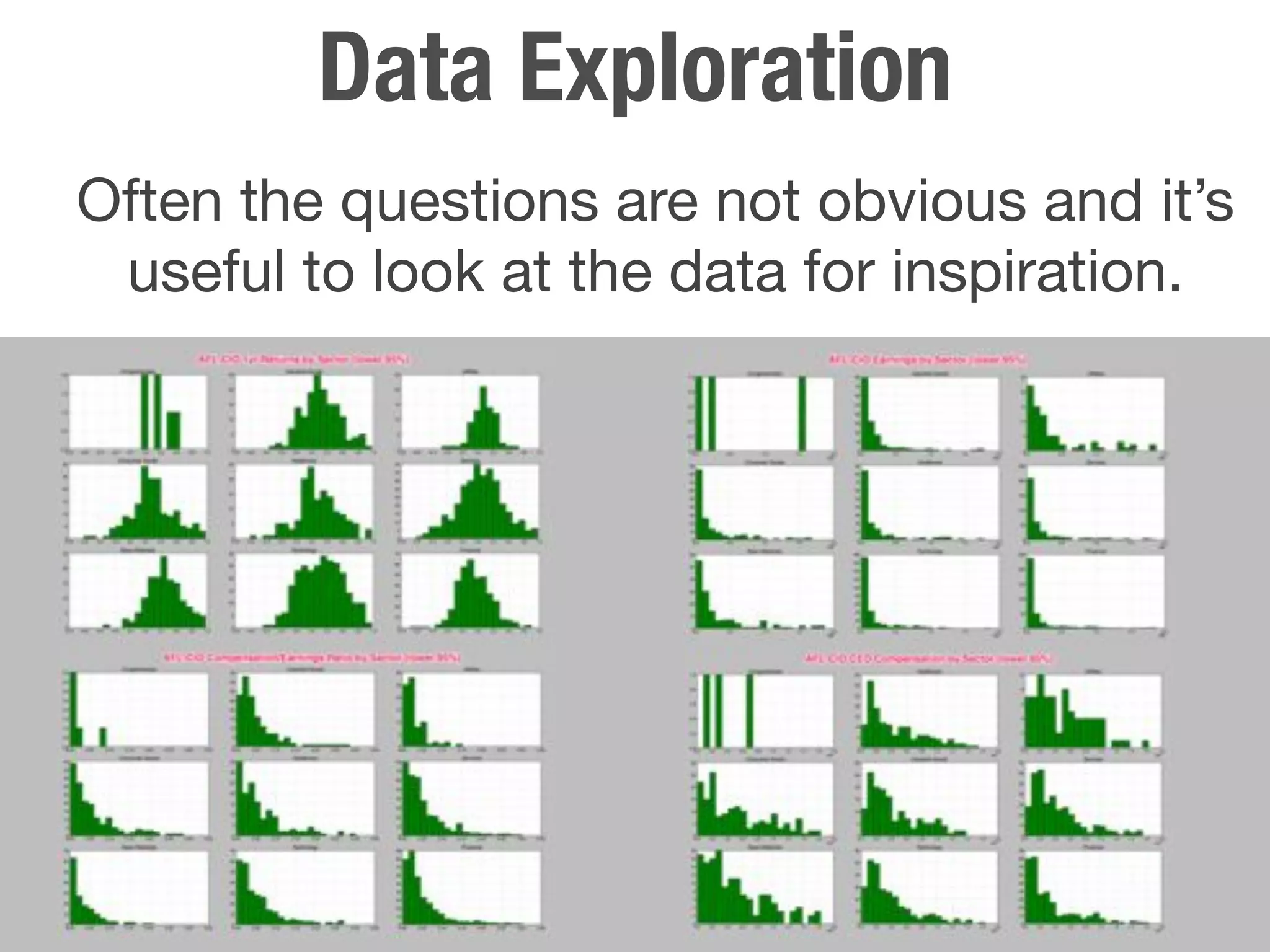 Data Exploration
Often the questions are not obvious and it’s
 useful to look at the data for inspiration.
 