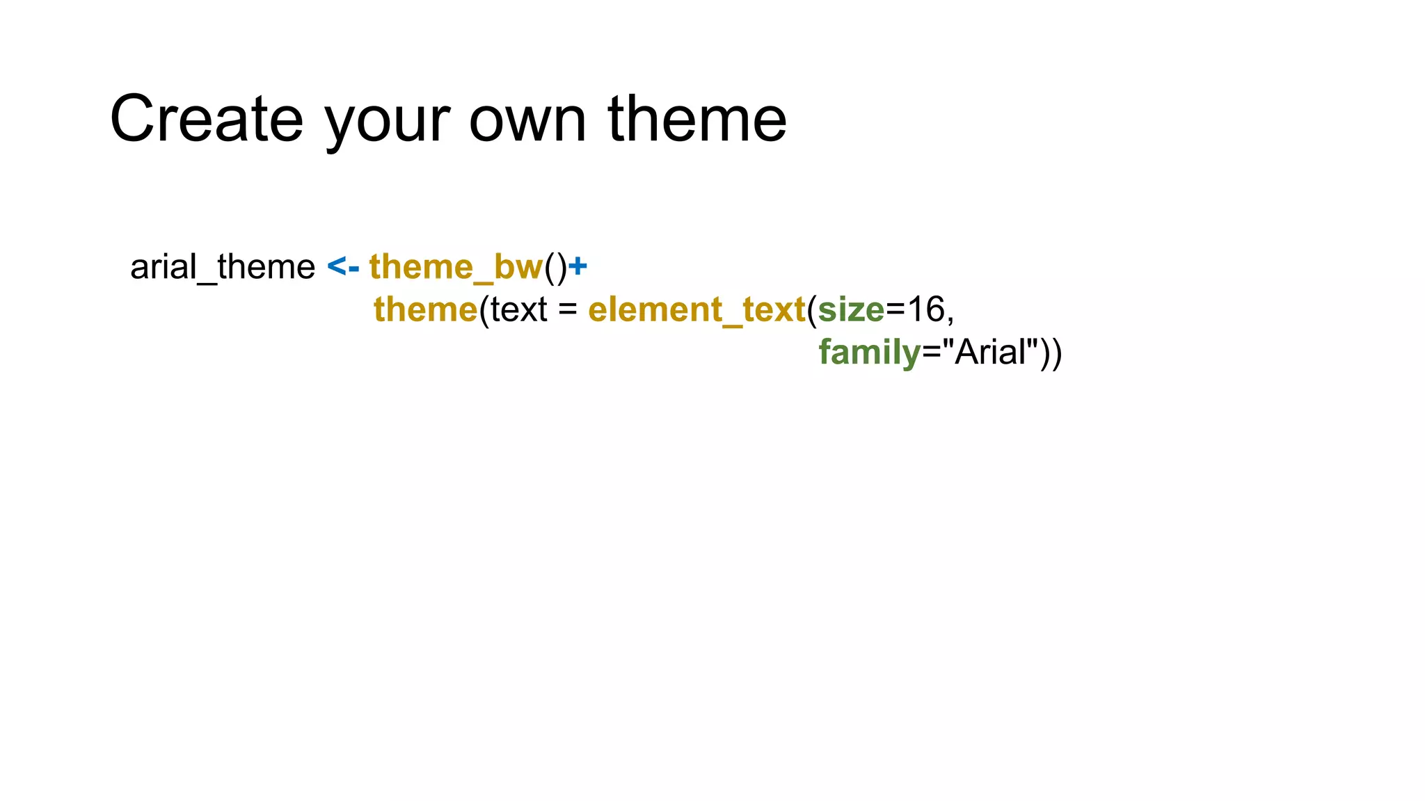 Create your own theme
arial_theme <- theme_bw()+
theme(text = element_text(size=16,
family="Arial"))
 