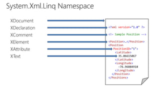 System.Xml.Linq Namespace 
<?xml version="1.0" ?> 
<!– Sample Position --> 
<Position>…</Position> 
<Position 
PositionID="1"> 
<Latitude> 
35.06615067 
</Latitude> 
<Longitude> 
-76.96884918 
</Longitude> 
</Position> 
</Positions> 
XDocument 
XDeclaration 
XComment 
XElement 
XAttribute 
XText 
 
