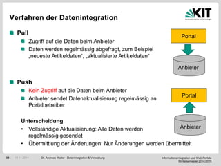 Informationsintegration und Web-Portale
Wintersemester 2014/2015
38
Verfahren der Datenintegration
Pull
Zugriff auf die Daten beim Anbieter
Daten werden regelmässig abgefragt, zum Beispiel
„neueste Artikeldaten“, „aktualisierte Artikeldaten“
Push
Kein Zugriff auf die Daten beim Anbieter
Anbieter sendet Datenaktualisierung regelmässig an
Portalbetreiber
Unterscheidung
• Vollständige Aktualisierung: Alle Daten werden
regelmässig gesendet
• Übermittlung der Änderungen: Nur Änderungen werden übermittelt
Dr. Andreas Walter - Datenintegration & Verwaltung10.11.2014
Portal
Anbieter
Portal
Anbieter
 