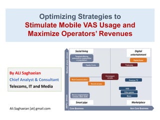 Optimizing Strategies to
Stimulate Mobile VAS Usage and
Maximize Operators’ Revenues
By ALI Saghaeian
Chief Analyst & Consultant
Telecoms, IT and Media
Ali.Saghaeian [at] gmail.com
 