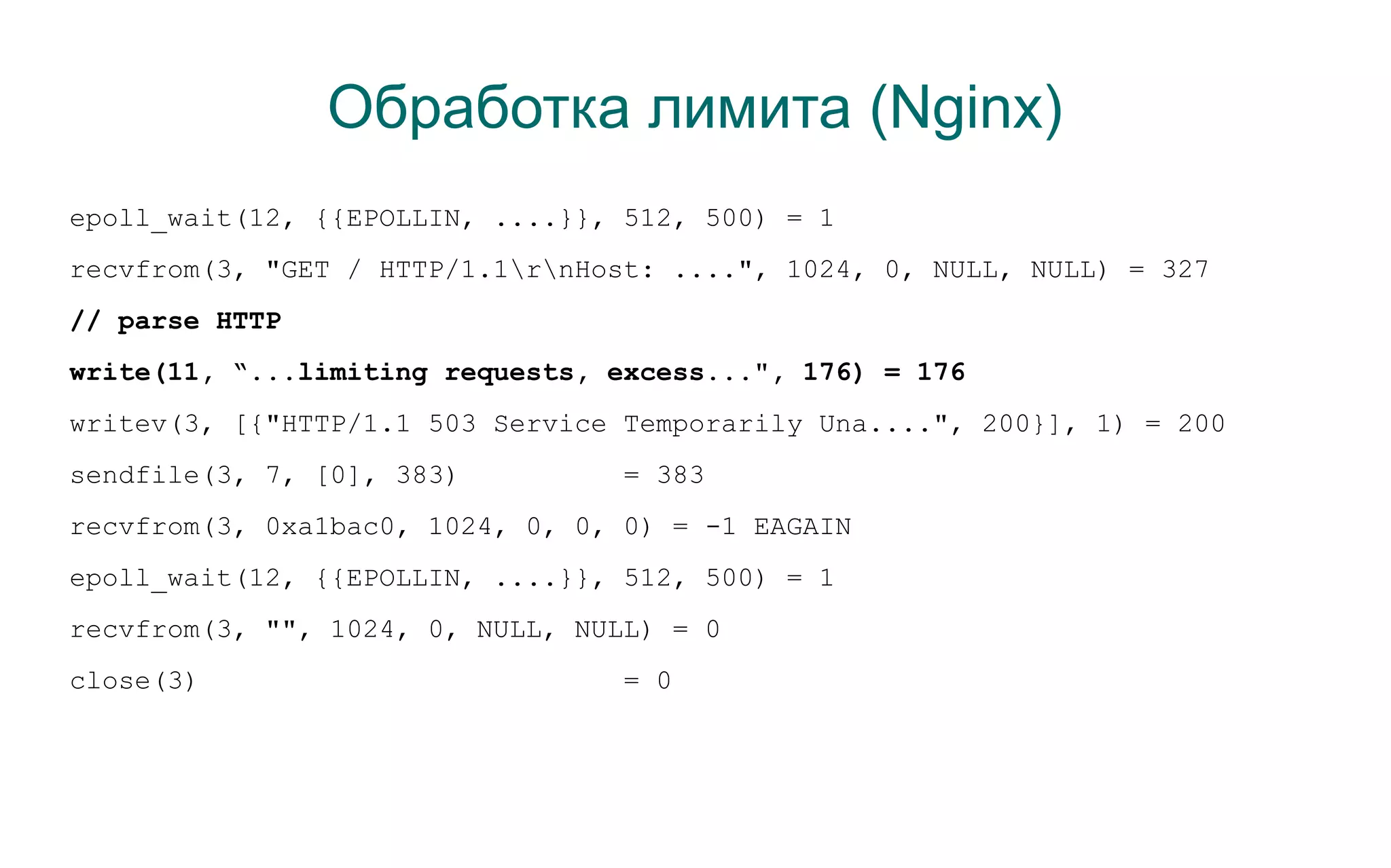 Обработка лимита (Nginx)
epoll_wait(12, {{EPOLLIN, ....}}, 512, 500) = 1
recvfrom(3, "GET / HTTP/1.1rnHost: ....", 1024, 0, NULL, NULL) = 327
// parse HTTP
write(11, “...limiting requests, excess...", 176) = 176
writev(3, [{"HTTP/1.1 503 Service Temporarily Una....", 200}], 1) = 200
sendfile(3, 7, [0], 383)          = 383
recvfrom(3, 0xa1bac0, 1024, 0, 0, 0) = -1 EAGAIN
epoll_wait(12, {{EPOLLIN, ....}}, 512, 500) = 1
recvfrom(3, "", 1024, 0, NULL, NULL) = 0
close(3)                          = 0
 