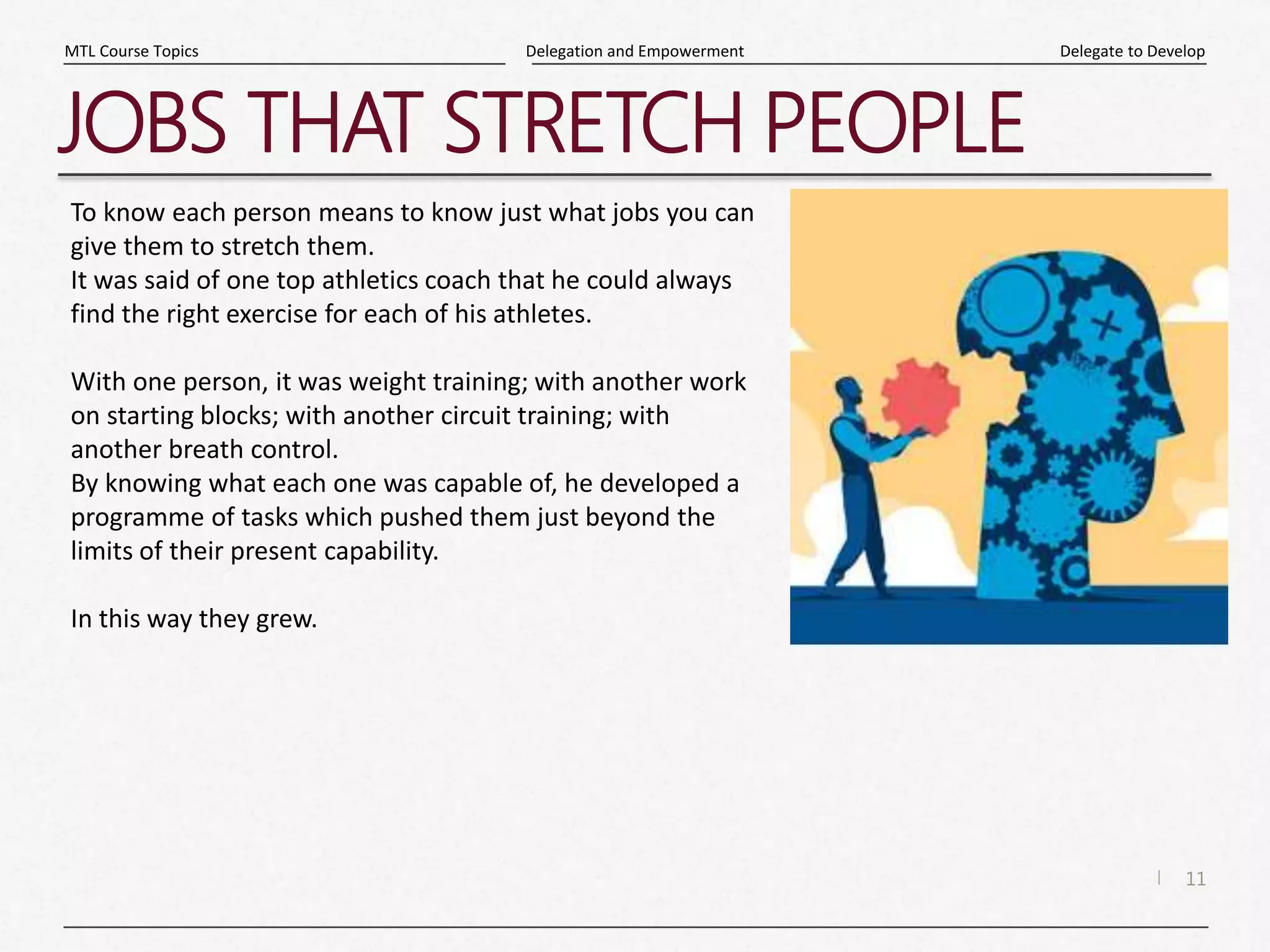 11
|
Delegate to Develop
Delegation and Empowerment
MTL Course Topics
JOBS THAT STRETCH PEOPLE
To know each person means to know just what jobs you can
give them to stretch them.
It was said of one top athletics coach that he could always
find the right exercise for each of his athletes.
With one person, it was weight training; with another work
on starting blocks; with another circuit training; with
another breath control.
By knowing what each one was capable of, he developed a
programme of tasks which pushed them just beyond the
limits of their present capability.
In this way they grew.
 