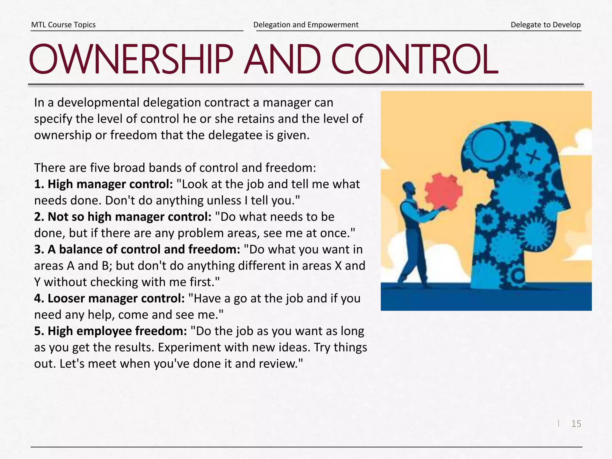 15
|
Delegate to Develop
Delegation and Empowerment
MTL Course Topics
OWNERSHIP AND CONTROL
In a developmental delegation contract a manager can
specify the level of control he or she retains and the level of
ownership or freedom that the delegatee is given.
There are five broad bands of control and freedom:
1. High manager control: "Look at the job and tell me what
needs done. Don't do anything unless I tell you."
2. Not so high manager control: "Do what needs to be
done, but if there are any problem areas, see me at once."
3. A balance of control and freedom: "Do what you want in
areas A and B; but don't do anything different in areas X and
Y without checking with me first."
4. Looser manager control: "Have a go at the job and if you
need any help, come and see me."
5. High employee freedom: "Do the job as you want as long
as you get the results. Experiment with new ideas. Try things
out. Let's meet when you've done it and review."
 