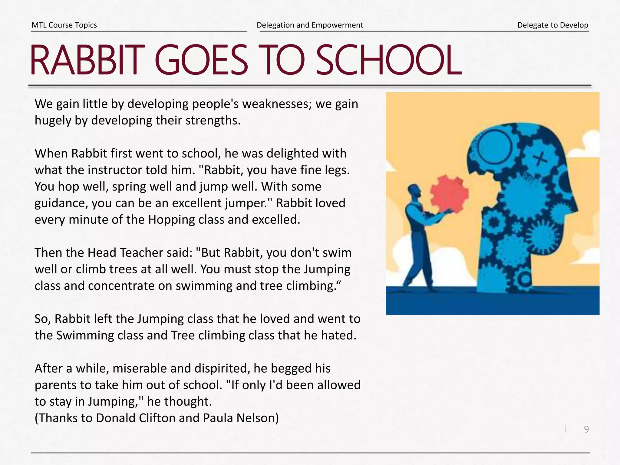 9
|
Delegate to Develop
Delegation and Empowerment
MTL Course Topics
RABBIT GOES TO SCHOOL
We gain little by developing people's weaknesses; we gain
hugely by developing their strengths.
When Rabbit first went to school, he was delighted with
what the instructor told him. "Rabbit, you have fine legs.
You hop well, spring well and jump well. With some
guidance, you can be an excellent jumper." Rabbit loved
every minute of the Hopping class and excelled.
Then the Head Teacher said: "But Rabbit, you don't swim
well or climb trees at all well. You must stop the Jumping
class and concentrate on swimming and tree climbing.“
So, Rabbit left the Jumping class that he loved and went to
the Swimming class and Tree climbing class that he hated.
After a while, miserable and dispirited, he begged his
parents to take him out of school. "If only I'd been allowed
to stay in Jumping," he thought.
(Thanks to Donald Clifton and Paula Nelson)
 