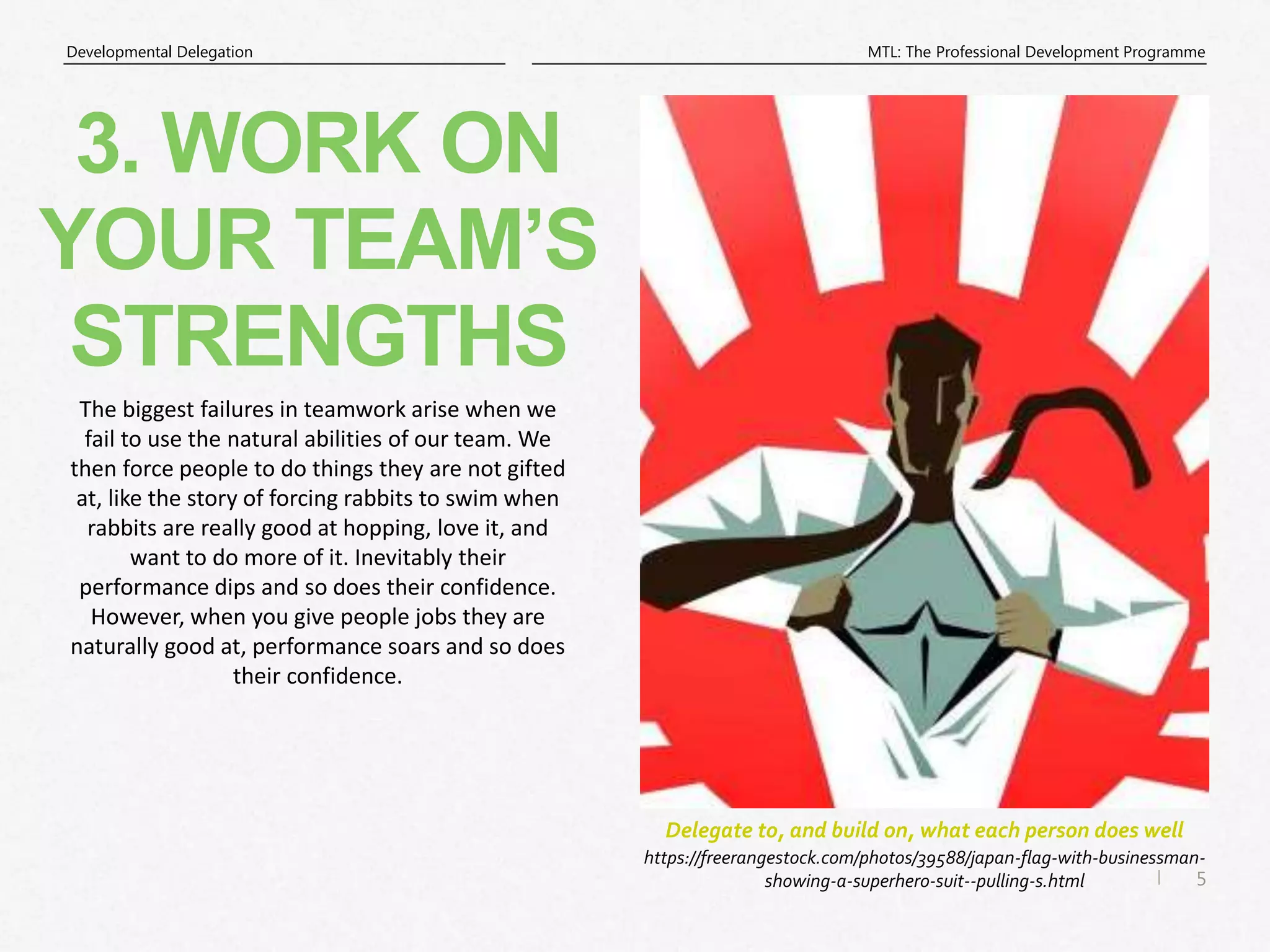 5
|
MTL: The Professional Development Programme
Developmental Delegation
https://freerangestock.com/photos/39588/japan-flag-with-businessman-
showing-a-superhero-suit--pulling-s.html
Delegate to, and build on, what each person does well
3. WORK ON
YOUR TEAM’S
STRENGTHS
The biggest failures in teamwork arise when we
fail to use the natural abilities of our team. We
then force people to do things they are not gifted
at, like the story of forcing rabbits to swim when
rabbits are really good at hopping, love it, and
want to do more of it. Inevitably their
performance dips and so does their confidence.
However, when you give people jobs they are
naturally good at, performance soars and so does
their confidence.
 