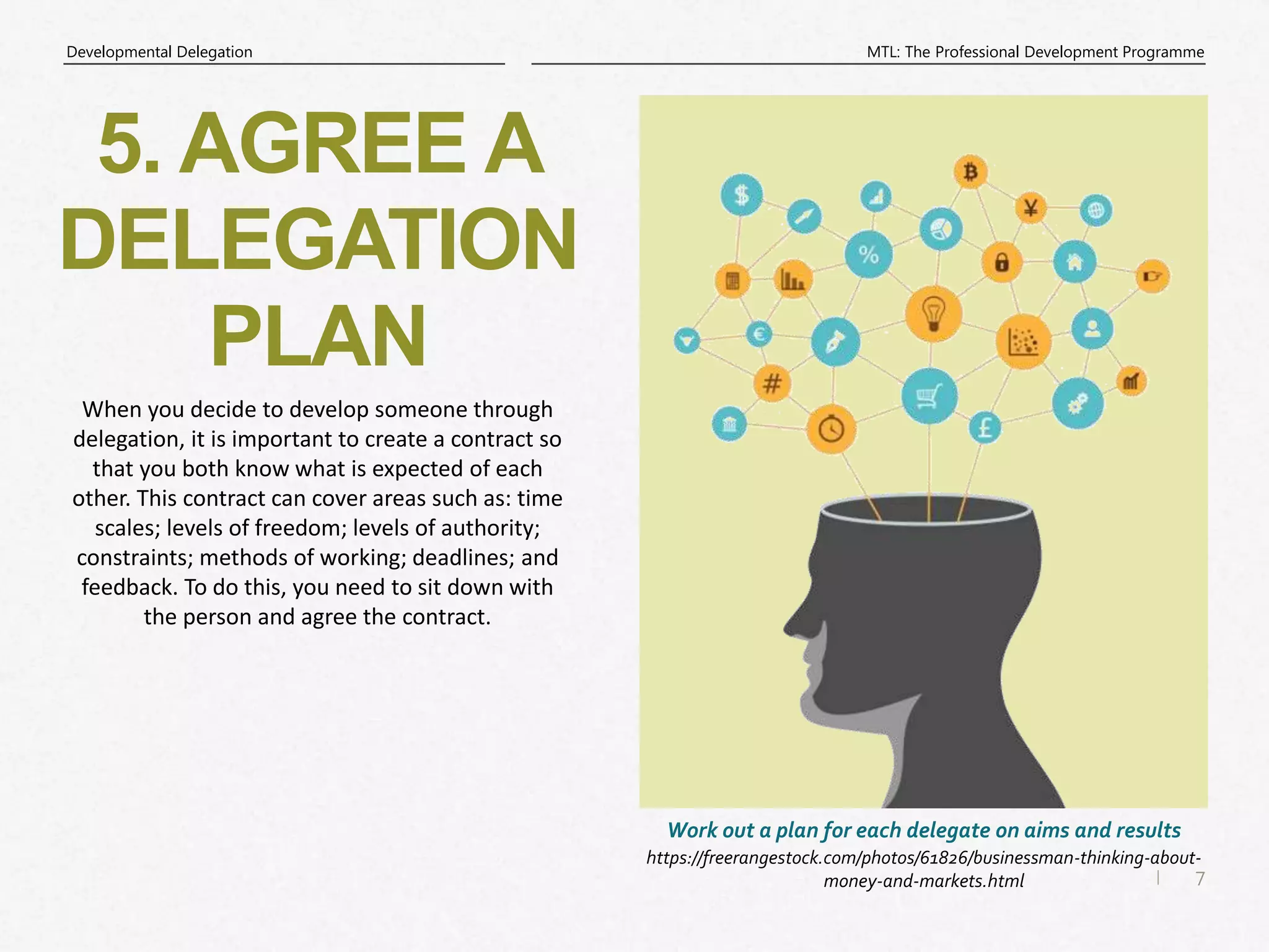 7
|
MTL: The Professional Development Programme
Developmental Delegation
https://freerangestock.com/photos/61826/businessman-thinking-about-
money-and-markets.html
Work out a plan for each delegate on aims and results
5. AGREE A
DELEGATION
PLAN
When you decide to develop someone through
delegation, it is important to create a contract so
that you both know what is expected of each
other. This contract can cover areas such as: time
scales; levels of freedom; levels of authority;
constraints; methods of working; deadlines; and
feedback. To do this, you need to sit down with
the person and agree the contract.
 