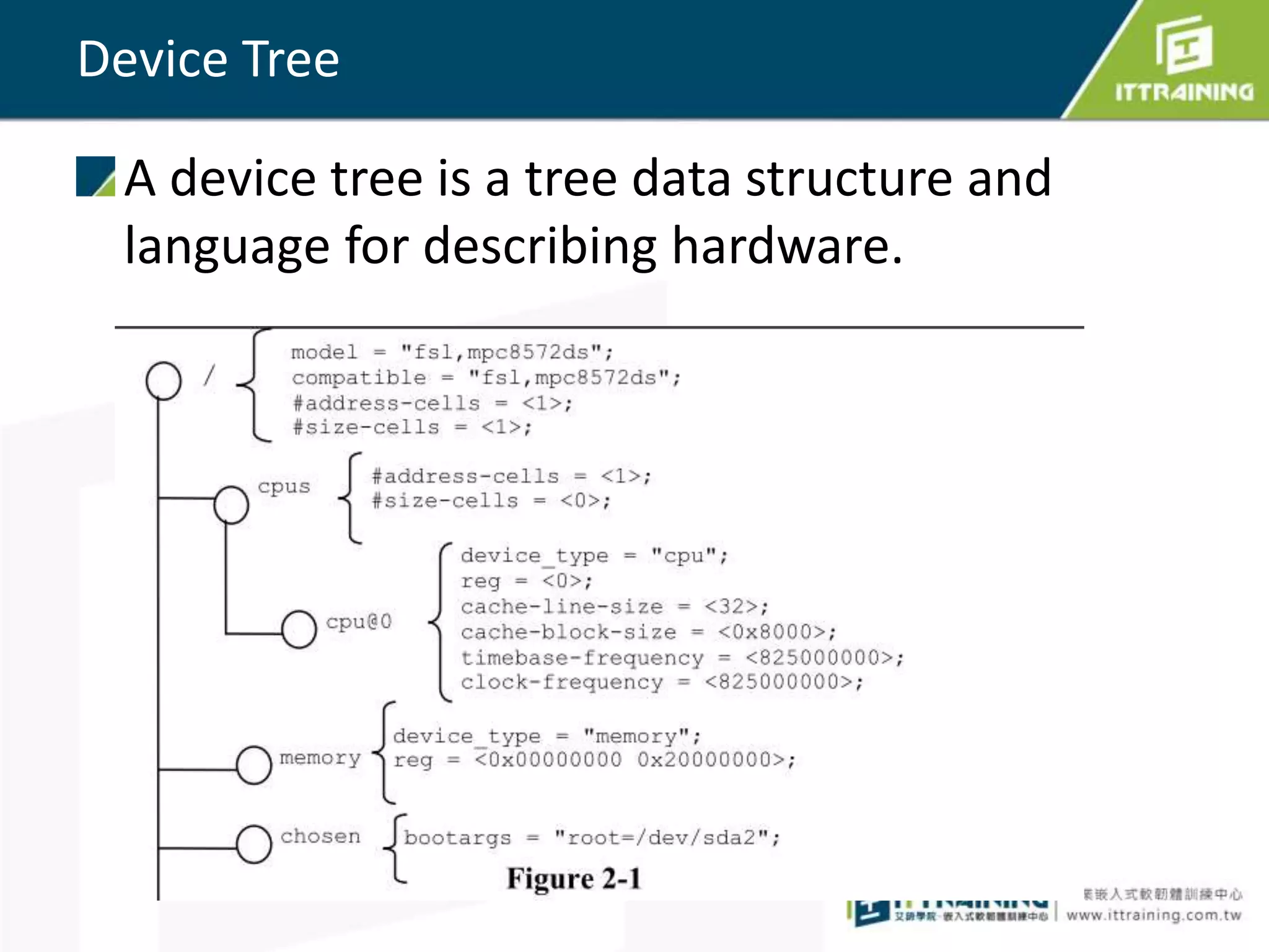 Device Tree
A device tree is a tree data structure and
language for describing hardware.
 