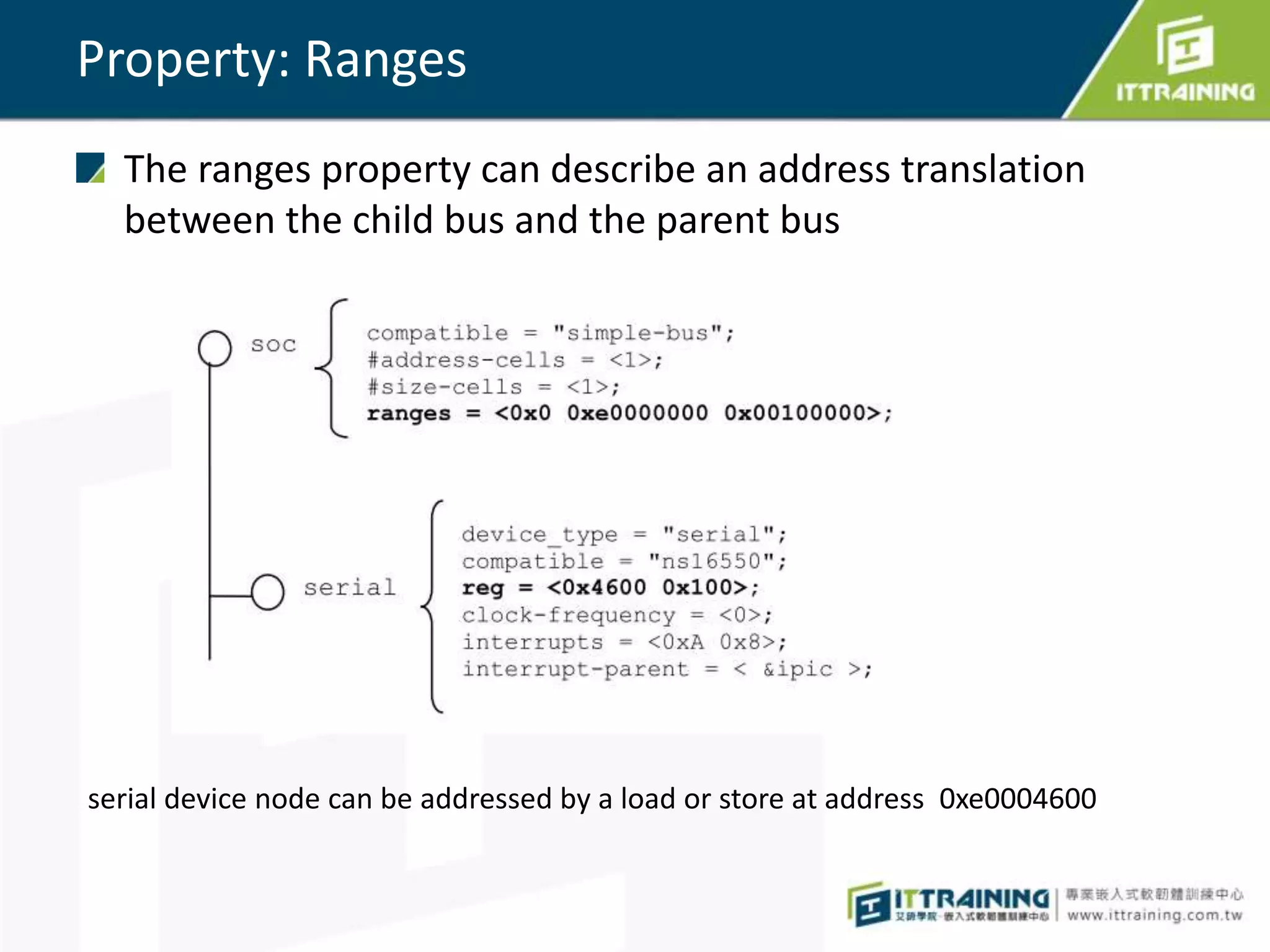 Property: Ranges
The ranges property can describe an address translation
between the child bus and the parent bus
serial device node can be addressed by a load or store at address 0xe0004600
 