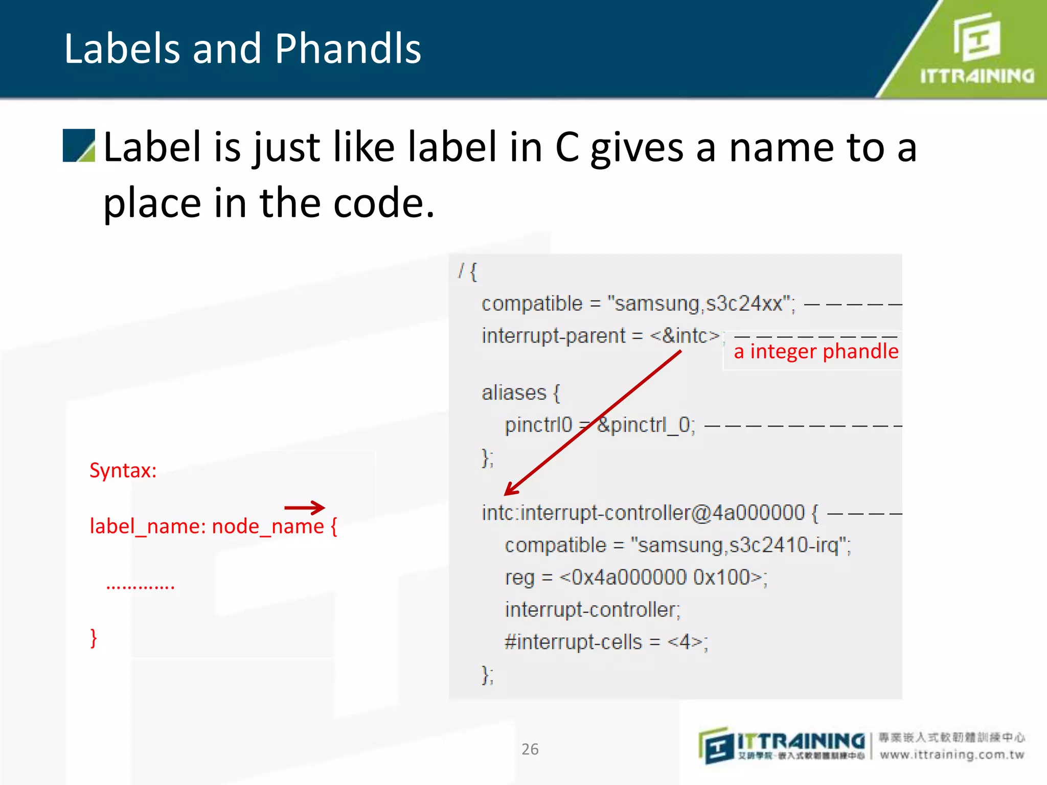 Labels and Phandls
Label is just like label in C gives a name to a
place in the code.
Syntax:
label_name: node_name {
………….
}
a integer phandle
26
 