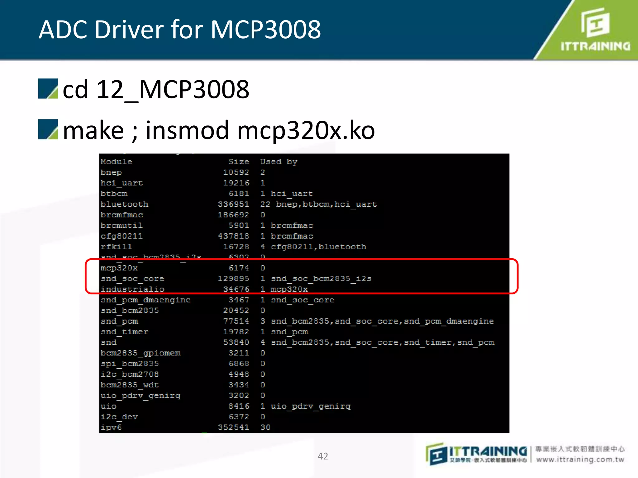 cd 12_MCP3008
make ; insmod mcp320x.ko
42
ADC Driver for MCP3008
 