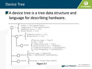 Device Tree
A device tree is a tree data structure and
language for describing hardware.
 
