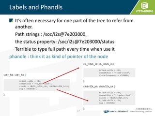 Labels and Phandls
It’s often necessary for one part of the tree to refer from
another.
Path strings : /soc/i2s@7e203000.
the status property: /soc/i2s@7e203000/status
Terrible to type full path every time when use it
phandle : think it as kind of pointer of the node
27
 