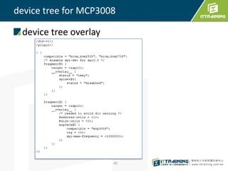 device tree overlay
40
device tree for MCP3008
 