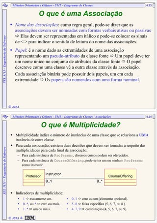  JCFJ
4.23SEL3113–EngenhariadeSoftware
Nome das Associações: como regra geral, pode-se dizer que as
associações devem ser nomeadas com formas verbais ativas ou passivas
Elas devem ser representadas em itálico e pode-se colocar os sinais
de < > para indicar o sentido de leitura do nome das associações.
Papel: é o nome dado as extremidades de uma associação
representando um pseudo-atributo da classe fonte Um papel deve ter
um nome único no conjunto de atributos da classe fonte O papel
descreve como uma classe vê a outra classe através da associação.
Cada associação binária pode possuir dois papeis, um em cada
extremidade Os papeis são nomeados com uma forma nominal.
Métodos Orientados a Objetos - UML - Diagramas de Classes
O que é uma Associação
 JCFJ
4.24
SEL3113–EngenhariadeSoftware
O que é Multiplicidade?
Multiplicidade indica o número de instâncias de uma classe que se relaciona a UMA
instância de outra classe.
Para cada associação, existem duas decisões que devem ser tomadas a respeito das
multiplicidades para cada final de associação:
– Para cada instância de Professor, diversos cursos podem ser oferecidos.
– Para cada instância de CourseOffering, pode-se ter um ou nenhum Professor
como instrutor.
Indicadores de multiplicidade:
Professor CourseOffering
0..1 0..*0..1 0..*
instructor
1 exatamente um.
0..*, ou * zero ou mais.
1..* um ou mais.
0..1 zero ou um (elemento opcional).
5..8 faixa específica (5, 6, 7, ou 8 ).
4..7, 9 combinação (4, 5, 6, 7, ou 9).
&
Métodos Orientados a Objetos - UML - Diagramas de Classes - Associações
 