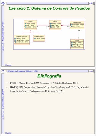  JCFJ
4.41SEL3113–EngenhariadeSoftware
Exercício 2: Sistema de Controle de Pedidos
 JCFJ
4.42
SEL3113–EngenhariadeSoftware
Bibliografia
[FOO04] Martin Fowler, UML Essencial – 3 ª Edição, Bookman, 2004.
[IBM04] IBM Corporation, Essentials of Visual Modeling with UML 2.0, Material
disponibilizado através do programa University da IBM.
Métodos Orientados a Objetos – UML
 