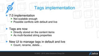 © 2002 - 2015 Jahia Solutions Group SA
Tags implementation
 7.0 implementation
 Not scalable enough
 Possible conflicts with default and live
 Tags are now
 Directly stored on the content items
 As multi-faceted string properties
 New UI to manage tags in default and live
 Count, rename, delete…
 