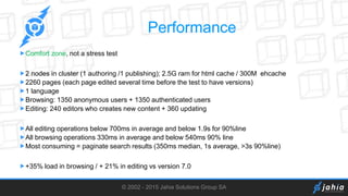 © 2002 - 2015 Jahia Solutions Group SA
Performance
Comfort zone, not a stress test
2 nodes in cluster (1 authoring /1 publishing); 2.5G ram for html cache / 300M ehcache
2260 pages (each page edited several time before the test to have versions)
1 language
Browsing: 1350 anonymous users + 1350 authenticated users
Editing: 240 editors who creates new content + 360 updating
All editing operations below 700ms in average and below 1.9s for 90%line
All browsing operations 330ms in average and below 540ms 90% line
Most consuming = paginate search results (350ms median, 1s average, >3s 90%line)
+35% load in browsing / + 21% in editing vs version 7.0
 