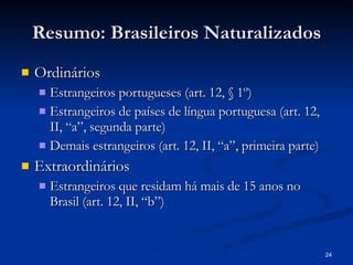 Resumo: Brasileiros Naturalizados Ordinários Estrangeiros portugueses (art. 12, § 1º) Estrangeiros de países de língua portuguesa (art. 12, II, “a”, segunda parte) Demais estrangeiros (art. 12, II, “a”, primeira parte) Extraordinários Estrangeiros que residam há mais de 15 anos no Brasil (art. 12, II, “b”) 