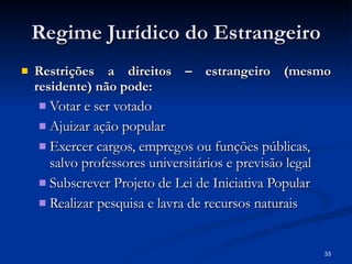 Regime Jurídico do Estrangeiro Restrições a direitos – estrangeiro (mesmo residente) não pode: Votar e ser votado Ajuizar ação popular Exercer cargos, empregos ou funções públicas, salvo professores universitários e previsão legal  Subscrever Projeto de Lei de Iniciativa Popular Realizar pesquisa e lavra de recursos naturais 