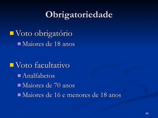 Obrigatoriedade Voto obrigatório Maiores de 18 anos Voto facultativo Analfabetos Maiores de 70 anos Maiores de 16 e menores de 18 anos 