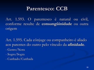 Parentesco: CCB Art. 1.593. O parentesco é natural ou civil, conforme resulte de  consangüinidade  ou outra origem  Art. 1.595. Cada cônjuge ou companheiro é aliado aos parentes do outro pelo vínculo da  afinidade . - Genro/Nora - Sogro/Sogra - Cunhado/Cunhada 
