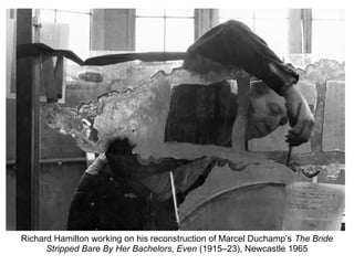Richard Hamilton working on his reconstruction of Marcel Duchamp’s The Bride
Stripped Bare By Her Bachelors, Even (1915–23), Newcastle 1965
 