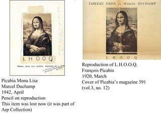 Reproduction of L.H.O.O.Q.
François Picabia
1920, March
Cover of Picabia’s magazine 391
(vol.3, no. 12)
Picabia Mona Lisa
Marcel Duchamp
1942, April
Pencil on reproduction
This item was lost now (it was part of
Arp Collection)
 
