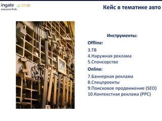 Инструменты:  Offline:   ТВ Наружная реклама Спонсорство  Online:  Баннерная реклама  Спецпроекты Поисковое продвижение ( SEO ) Контекстная реклама ( PPC)   Кейс в тематике авто 