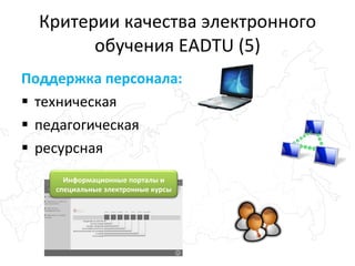Критерии качества электронного обучения EADTU (5) Поддержка персонала: техническая педагогическая ресурсная Информационные порталы и специальные электронные курсы 
