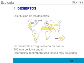 Ecología                                           Biomas
       1. DESIERTOS

       Distribución de los desiertos:




       Se desarrolla en regiones con menos de
       200 mm de lluvia anual.
       Diferencias de temperaturas diarias muy acusadas

                                                 10
 