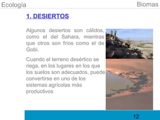 Ecología                                   Biomas
       1. DESIERTOS

       Algunos desiertos son cálidos,
       como el del Sahara, mientras
       que otros son fríos como el de
       Gobi.
       Cuando el terreno desértico se
       riega, en los lugares en los que
       los suelos son adecuados, puede
       convertirse en uno de los
       sistemas agrícolas más
       productivos



                                          12
 