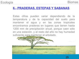Ecología                                           Biomas
       6.- PRADERAS, ESTEPAS Y SABANAS

       Estas cifras pueden variar dependiendo de la
       temperatura y de la capacidad del suelo para
       mantener el agua y en las zonas tropicales
       encontramos praderas en lugares que tienen hasta
       1200 mm de precipitación anual, porque caen sólo
       en una estación, y el resto del año no hay humedad
       suficiente para mantener el arbolado.




                                                 25
 