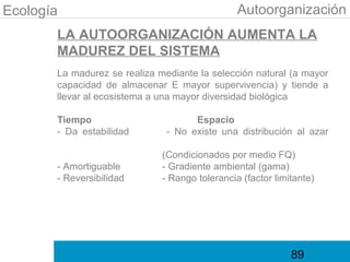Ecología                                        Autoorganización
       LA AUTOORGANIZACIÓN AUMENTA LA
       MADUREZ DEL SISTEMA
       La madurez se realiza mediante la selección natural (a mayor
       capacidad de almacenar E mayor supervivencia) y tiende a
       llevar al ecosistema a una mayor diversidad biológica

       Tiempo                        Espacio
       - Da estabilidad        - No existe una distribución al azar

                              (Condicionados por medio FQ)
       - Amortiguable         - Gradiente ambiental (gama)
       - Reversibilidad       - Rango tolerancia (factor limitante)




                                                             89
 