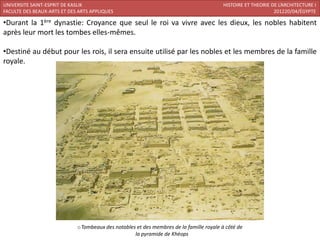UNIVERSITE SAINT-ESPRIT DE KASLIK                                                        HISTOIRE ET THEORIE DE L’ARCHITECTURE I
FACULTE DES BEAUX-ARTS ET DES ARTS APPLIQUES                                                                  201220/04/ÉGYPTE

•Durant la 1ère dynastie: Croyance que seul le roi va vivre avec les dieux, les nobles habitent
après leur mort les tombes elles-mêmes.

•Destiné au début pour les rois, il sera ensuite utilisé par les nobles et les membres de la famille
royale.




                             oTombeaux des notables et des membres de la famille royale à côté de
                                                   la pyramide de Khéops
 