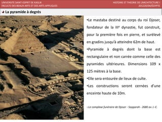 UNIVERSITE SAINT-ESPRIT DE KASLIK                                    HISTOIRE ET THEORIE DE L’ARCHITECTURE I
FACULTE DES BEAUX-ARTS ET DES ARTS APPLIQUES                                              201220/04/ÉGYPTE

  La pyramide à degrés
                                               •Le mastaba destiné au corps du roi Djoser,
                                               fondateur de la IIIe dynastie, fut construit,
                                               pour la première fois en pierre, et surélevé
                                               en gradins jusqu’à atteindre 62m de haut.
                                               •Pyramide à degrés dont la base est
                                               rectangulaire et non carrée comme celle des
                                               pyramides ultérieures. Dimensions 109 x
                                               125 mètres à la base.
                                               •Elle sera entourée de lieux de culte.
                                               •Les constructions seront cernées d’une
                                               enceinte haute de 10m.


                                               oLe complexe funéraire de Djoser - Saqqarah - 2680 av. J.-C.
 