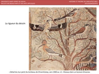 UNIVERSITE SAINT-ESPRIT DE KASLIK                                                   HISTOIRE ET THEORIE DE L’ARCHITECTURE I
FACULTE DES BEAUX-ARTS ET DES ARTS APPLIQUES                                                             201220/04/ÉGYPTE




     La rigueur du dessin




          oDétail du mur peint du tombeau de Chnemhotep, vers 1900 av. J.C.: Oiseaux dans un buisson d’acacias
 