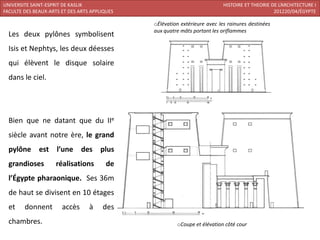UNIVERSITE SAINT-ESPRIT DE KASLIK                                           HISTOIRE ET THEORIE DE L’ARCHITECTURE I
FACULTE DES BEAUX-ARTS ET DES ARTS APPLIQUES                                                     201220/04/ÉGYPTE

                                               oÉlévation extérieure avec les rainures destinées
                                               aux quatre mâts portant les oriflammes
  Les deux pylônes symbolisent
  Isis et Nephtys, les deux déesses
  qui élèvent le disque solaire
  dans le ciel.




  Bien que ne datant que du IIe
  siècle avant notre ère, le grand
  pylône est l’une des plus
  grandioses         réalisations        de
  l’Égypte pharaonique. Ses 36m
  de haut se divisent en 10 étages
  et    donnent        accès      à    des
  chambres.                                             oCoupe et élévation côté cour
 