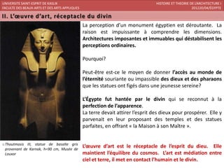 UNIVERSITE SAINT-ESPRIT DE KASLIK                                                HISTOIRE ET THEORIE DE L’ARCHITECTURE I
FACULTE DES BEAUX-ARTS ET DES ARTS APPLIQUES                                                          201220/04/ÉGYPTE



                                               La perception d’un monument égyptien est déroutante. La
                                               raison est impuissante à comprendre les dimensions.
                                               Architectures imposantes et immuables qui déstabilisent les
                                               perceptions ordinaires.

                                               Pourquoi?

                                               Peut-être est-ce le moyen de donner l’accès au monde de
                                               l’éternité souriante ou impassible des dieux et des pharaons
                                               que les statues ont figés dans une jeunesse sereine?

                                               L’Égypte fut hantée par le divin qui se reconnut à la
                                               perfection de l’apparence.
                                               La terre devait attirer l’esprit des dieux pour prospérer. Elle y
                                               parvenait en leur proposant des temples et des statues
                                               parfaites, en offrant « la Maison à son Maître ».


oThoutmosis III, statue de basalte gris
 provenant de Karnak, h=90 cm, Musée de
                                               L’œuvre d’art est le réceptacle de l’esprit du dieu. Elle
 Louxor                                        maintient l’équilibre du cosmos. L’art est médiation entre
                                               ciel et terre, il met en contact l’humain et le divin.
 