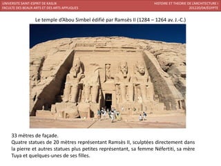 UNIVERSITE SAINT-ESPRIT DE KASLIK                                       HISTOIRE ET THEORIE DE L’ARCHITECTURE I
FACULTE DES BEAUX-ARTS ET DES ARTS APPLIQUES                                                 201220/04/ÉGYPTE


                   Le temple d’Abou Simbel édifié par Ramsès II (1284 – 1264 av. J.-C.)




     33 mètres de façade.
     Quatre statues de 20 mètres représentant Ramsès II, sculptées directement dans
     la pierre et autres statues plus petites représentant, sa femme Néfertiti, sa mère
     Tuya et quelques-unes de ses filles.
 