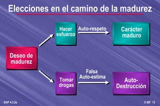 Elecciones en el camino de la madurez Deseo de madurez Hacer esfuerzo Tomar drogas Carácter maduro Auto- Destrucción Auto-respeto Falsa  Auto-estima 